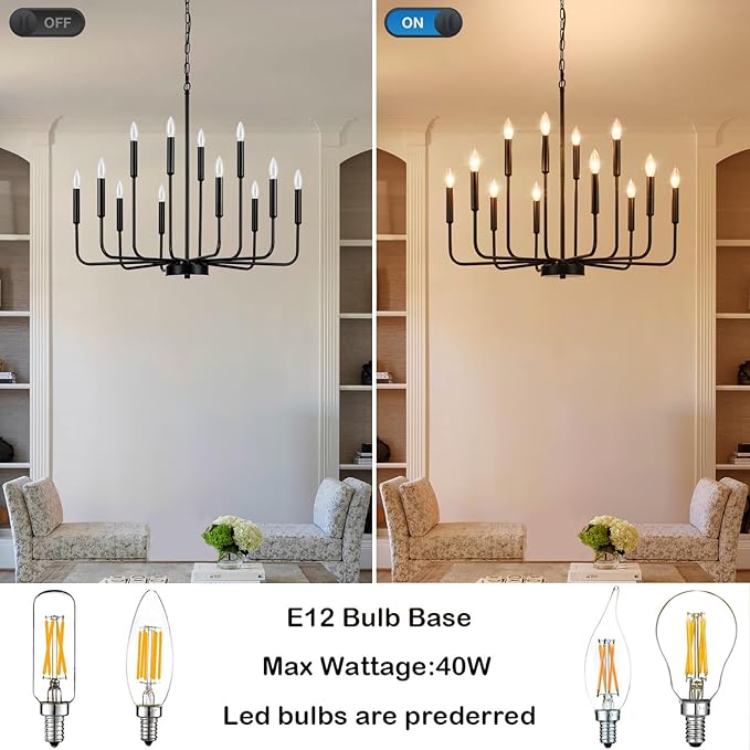 Black Chandeliers for Dining Room Light Fixture Over Table, Modern Farmhouse Chandeliers for Living Room,12-Lights Industrial Metal Candle Lighting Fixtures for Entryway Kitchen Island Foyer