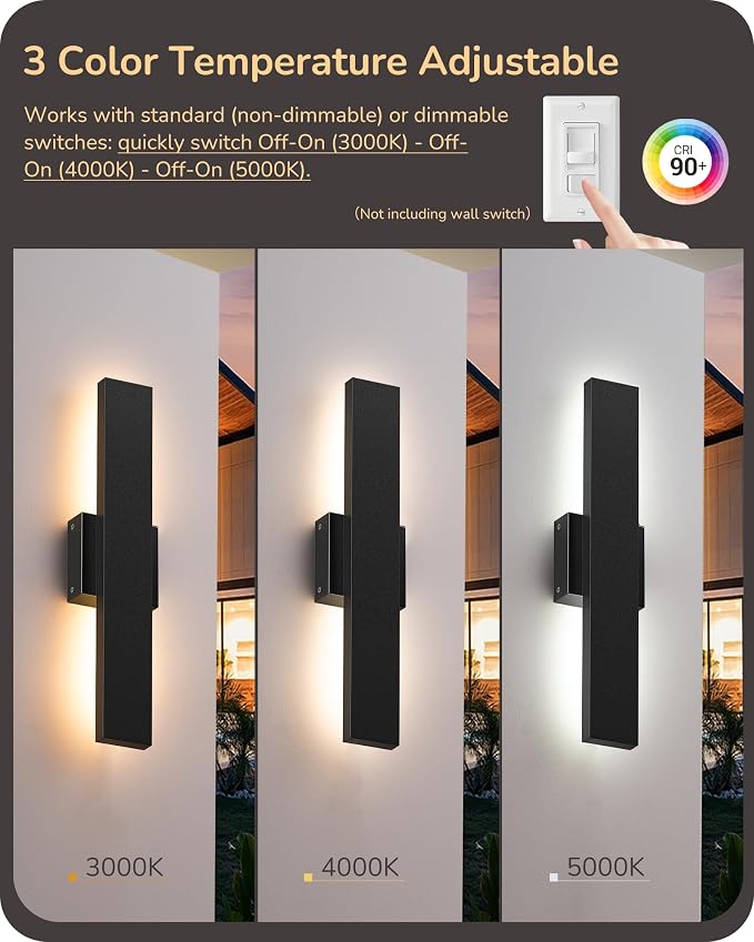 EDISHINE 2 Pack LED Outdoor Wall Lights Dimmable, 3000K 4000K 5000K, 15.7" Modern Black Outdoor Wall Sconce, IP65 Waterproof, Linear Exterior Wall Light for Entrance, Hallway, Garage, Porch