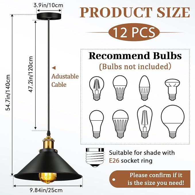 12 Pcs Industrial Pendant Light Vintage Metal E26 Base Hanging Light Rustic Dome Pendant Lamp Fixture Farmhouse Kitchen Hanging Ceiling Lamp for Dining Room Bedroom Hallway Bar (Black)