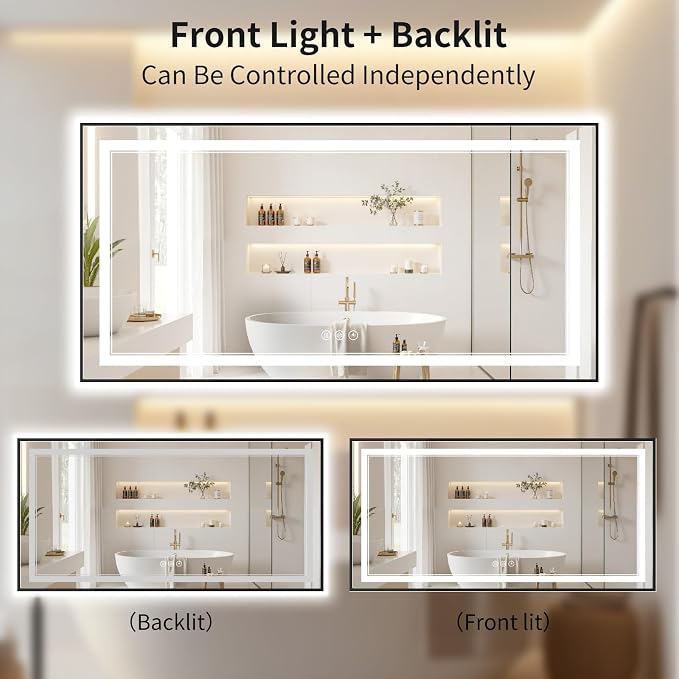 30"x60" LED Bathroom Mirror with Lights, Front & Backlit, Anti-Fog | Lighted Mirror with Dimmable, Aluminum Frame, 3 Color Temperature, CRI 90+, Touch Control with Memory, HD Tempered Glass