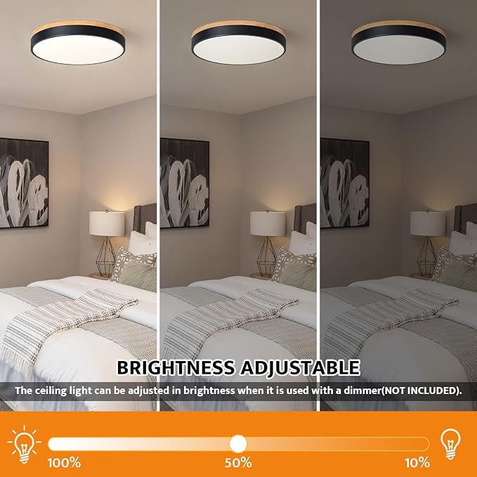 Yiisem Dimmable Wood LED Flush Mount Ceiling Light, Black, 15.8 in | 5CCT 2700K-6000K Modern Close to Ceiling Lighting Fixtures, Round Ceiling Lamp for Living Room, Bedroom, Laundry Room