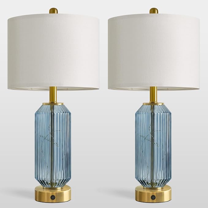 24.5" Bedside Table Lamps Set of 2, Blue Coastal Nightstand Lamps with Night Light, USB A+C Charging Ports, Glass Lamps for Bedroom, Living Room, End Table (2 Bulbs Included)