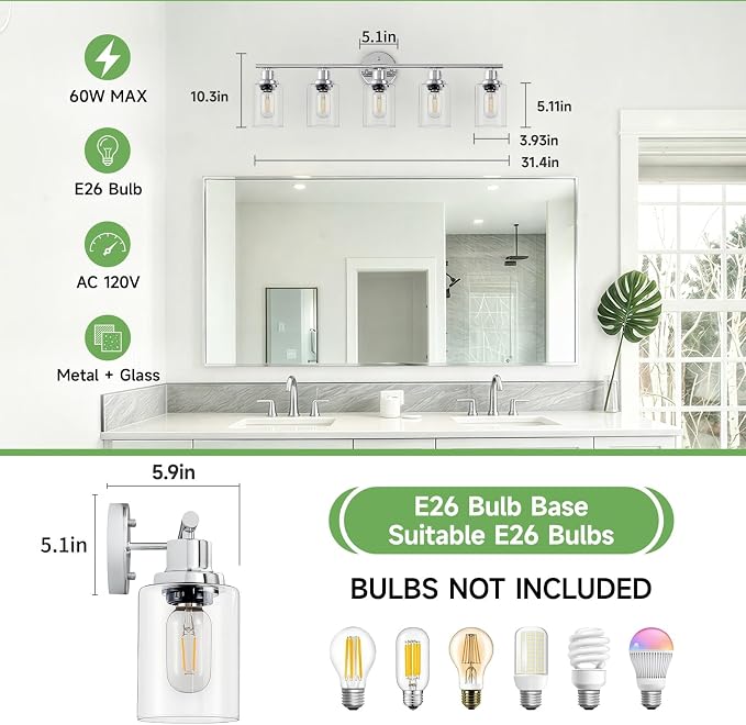 5-Light Bathroom Light Fixtures, Modern Chrome Vanity Lights for Bathroom with Clear Glass Shade, Wall Lamps for Mirror Hallway Kitchen Cabinet Living Room Sconces Lights