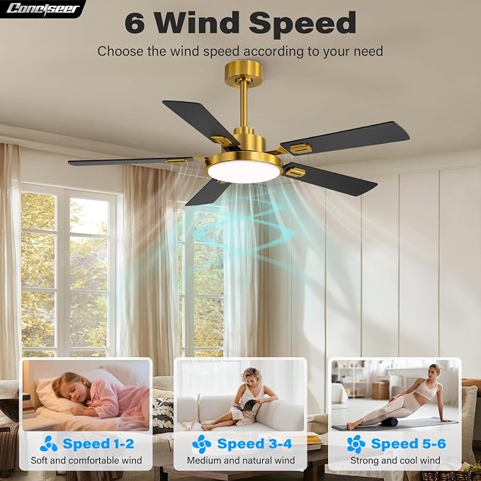 60 Inch Ceiling Fans with Lights and Remote, Bedroom Living Room Office Library Cafe Outdoor Industrial, 5CCT Dimmable, Dual Color 5 Blades, 6 Speed Reversible Quiet DC Motor, Gold/Wood Grain