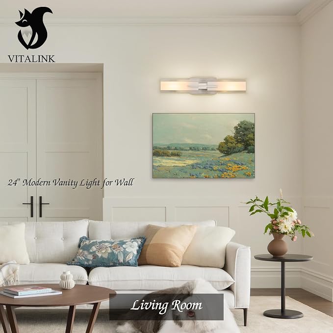 VitaLink 24” Bathroom Vanity Light, Satin Nickel 2-Light Frosted Glass Wall Lights for Bathroom Hardwired Wall Mount Lighting Fixtures for Living Room Bedroom E12