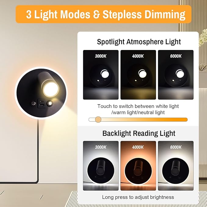 ERAY Wall Mounted Reading Light, Adjustable Wall Sconces with USB and Type-C Charging Port/Touch Control, 3000K/4000K/6000K 350° Rotatable LED Spotlight & Backlight for Bedside Bedroom -2 Pack
