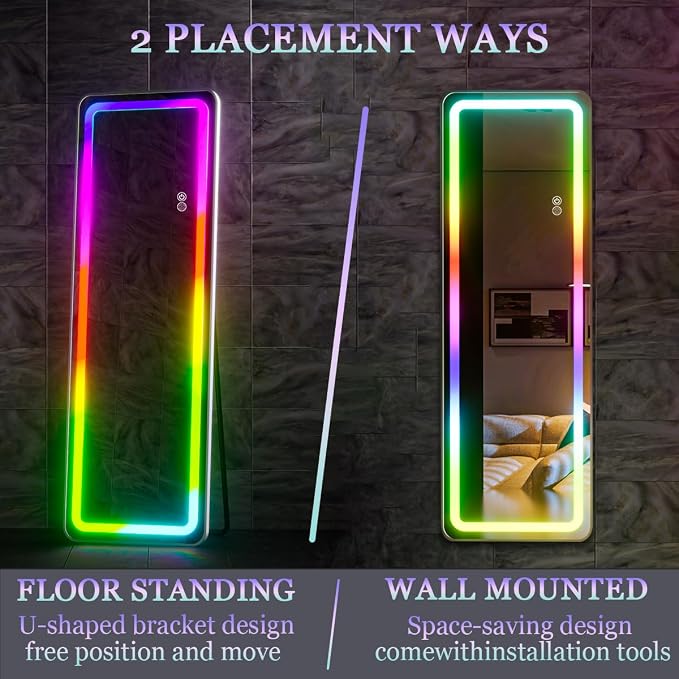 Koonmi LED Full Length Mirror, 63"x20" Full Length Lighted Mirror with Remote Control, RGB Color Changing Lights, 7 Dynamic Modes, Dimmable Brightness