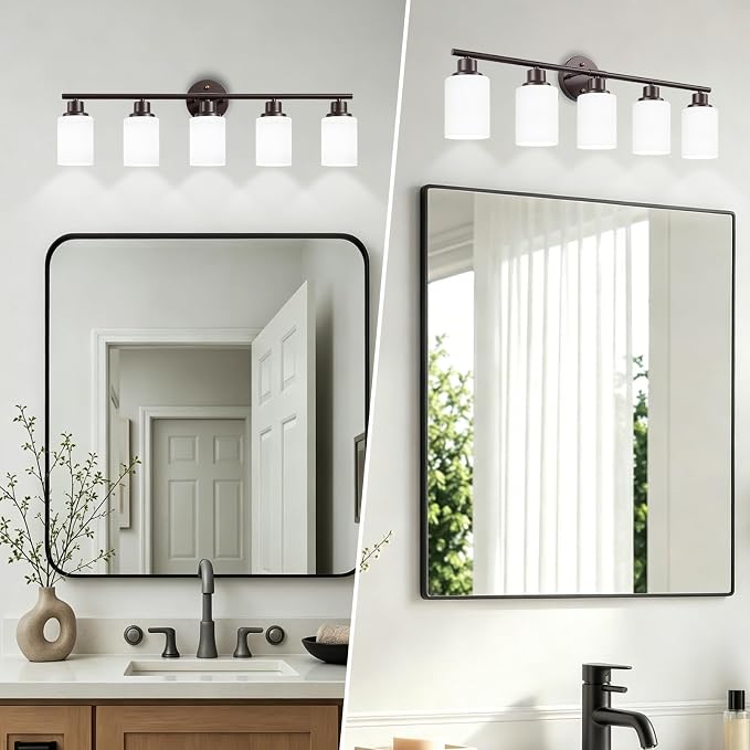 5-Light Bathroom Light Fixtures, Vanity Lights for Mirror with Textured Milky White Glass Shade, Modern Kitchen Light Fixtures Wall Sconce Light - E26 Base - Oil-Rubbed Bronze