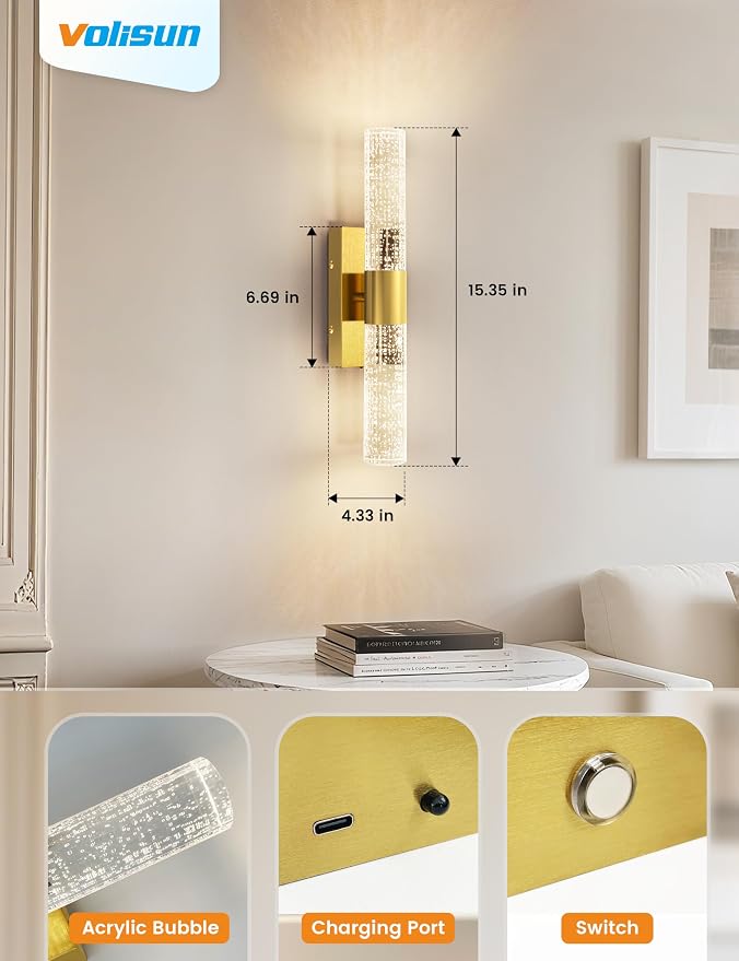 VOLISUN Battery Operated Wall Sconces Set of Two,Gold Sconces Wall Decor Set of 2,Wireless Wall Sconces with Remote,Rechargeable Wall Light for Living Room,Bedroom,Bathroom,Vanity (15.3 inch)