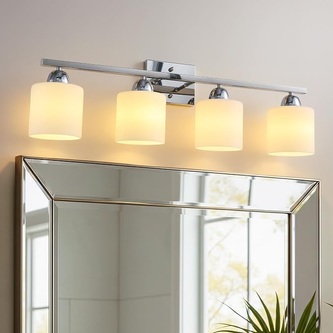 Mecgirn Stainless Steel Milk Glass Vanity Lights for Bathroom, 4 Light Chrome Bathroom Light Fixtures Over Mirror, Ceramic E26 Sockets Wall Mounted