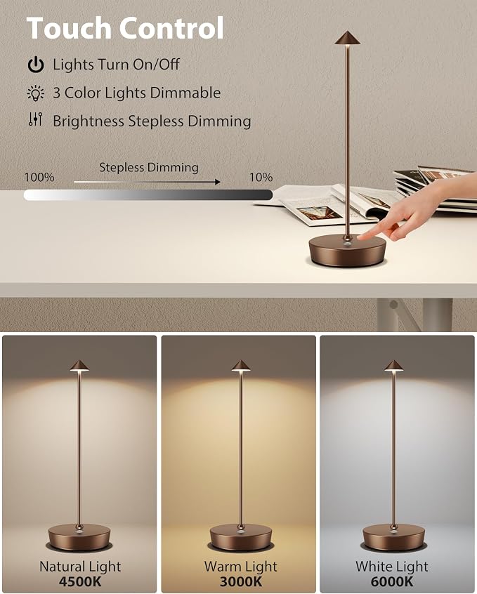 Cordless Table Lamp Rechargeable 6000mAh Battery Outdoor LED Light | Outdoor Waterproof Portable 3 Color Touch Dimmable Table Light for Patio Restaurant Dining Home Set of 2 Moka