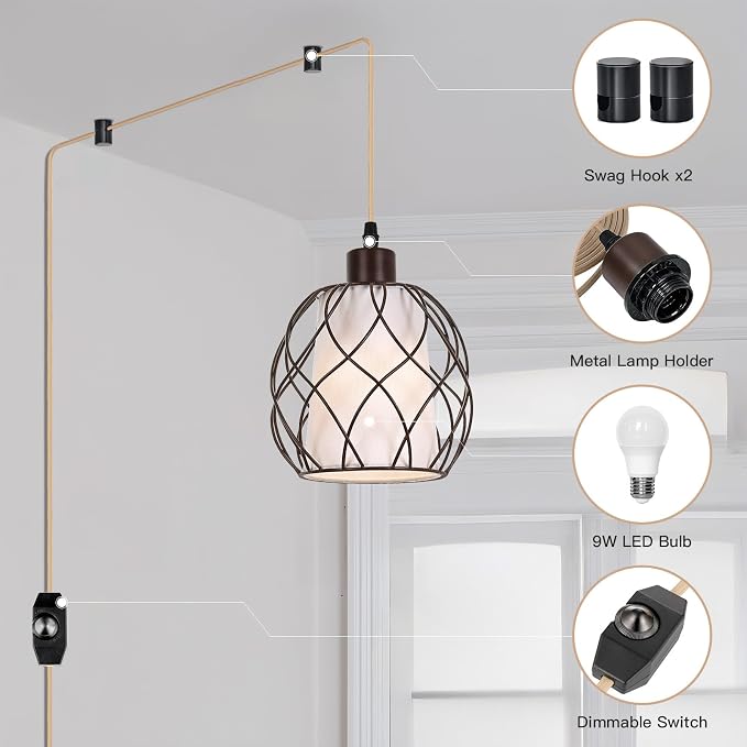 Plug in Pendant Light Metal Hanging Lights with Plug in Cord Hanging Lamp Mid Century Modern Vintage Dimmable Plug in Chandelier Ceiling Fixture for Living Room,Bedroom,Brown