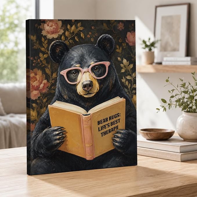 NSFBESSLIA Funny Reading Bear Painting, Whimsical Vintage Animal Decor, Bear Hugs Life's Best Therapy, Humorous Wall Art for Living Room Bedroom Entryway, 8x10 Inch