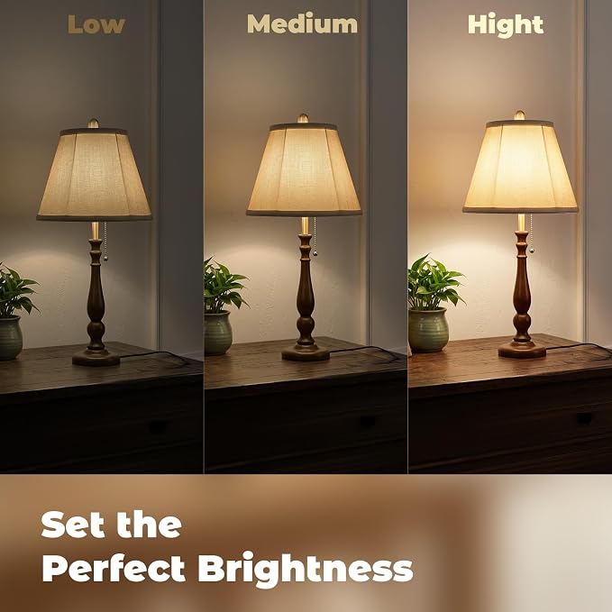 LALISU Farmhouse Table Lamps Rustic Bedroom Lamps for Living Room, 24.41" Boho Bedside Lamp with Chain Switch for Night Stands End Table Office Desk Lamp Nightstand with Linen Shades (Walnut)