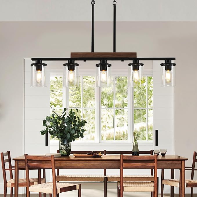 36.2‘’ Kitchen Lighting, 5-Light Dining Room Light Fixture Chandelier Over Table, Black Modern Rustic Wood Ceiling Pendant Light Fixtures, with Clear Glass Shade, Farmhouse Chandelier | 5-Light, Modern Rustic Wood Frame, Adjustable Height, Clear Glass ...
