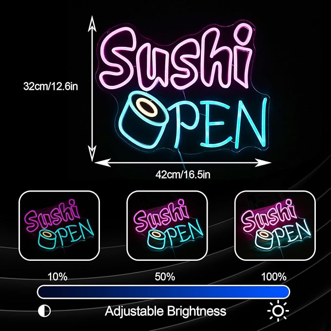 Sushi Open Neon Sign for Wall Decor - Dimmable LED Open Sign for Business - USB Powered Light for Sushi Shop, Restaurant, Kitchen, Home Decor