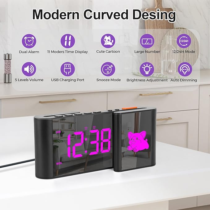 Alarm Clock,Alarm Clocks Bedside with Cute Cartoon,7.2''Large Mirror Clock,11 Colors Digital,10 Color RGB Cartoon,Week Display,Auto Dimming,Dual Alarms,USB Port,5 Levels Volume for Bedroom Table Decor