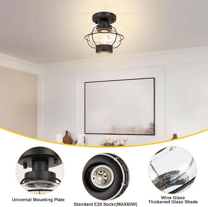 Porch Ceiling Light Fixture, Industrial Flush Mount, Glass Globe, E26 | Farmhouse Design for Indoor & Outdoor. Ideal for Hallway, Bedroom, Balcony, Stairway. Easy to Install. Hardware Included.