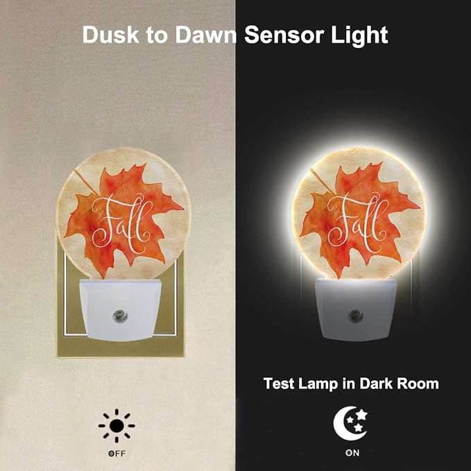 Fall Plug-in Nightlight Watercolor Autumn Maple Leaf Night Light Auto Dusk-to-Dawn Sensor LED Lighting for Bedroom Bathroom Kitchen Home Decor Orange