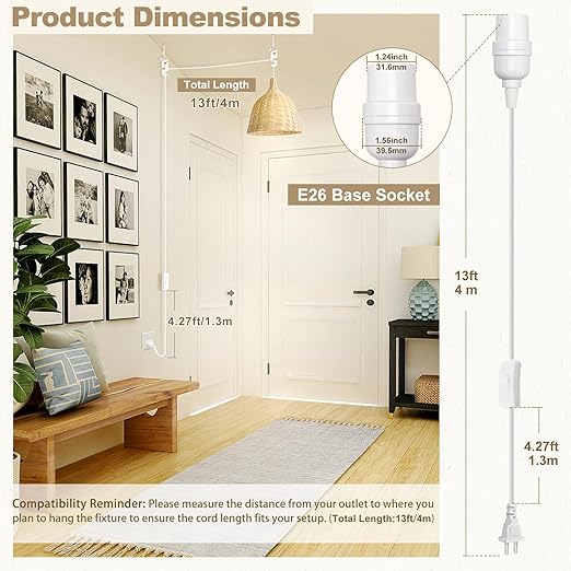 DiCUNO Hanging Lantern Extension Cord Cable, E26 Pendant Light Socket On Off Inline Cord Switch Control Lamp, Switch Close to Polarized Plug, 13 Feet, White, 1-Pack
