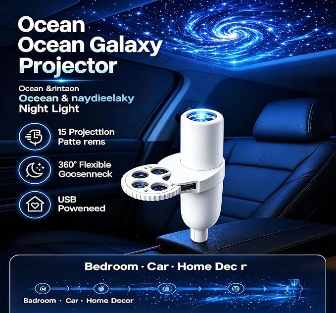 Ocean Projector, Ocean & Galaxy Night Light for Bedroom, Car(15 Patterns) | LED Starry Sky Lamp with 360 Degree Flexible Gooseneck for Home Decor Sleep Mood Lighting
