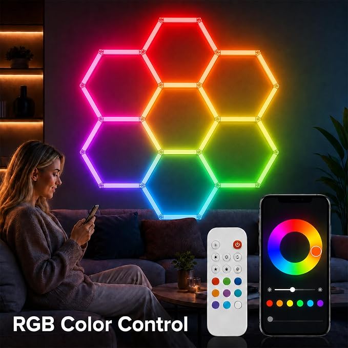 RGB Hexagon LED Garage Lights, 7 Hexagons 31 Tubes, App & Remote Control Color Changing Honeycomb Wall Ceiling Lights for Garage, Gaming Room, Gym, Car Detailing Shop