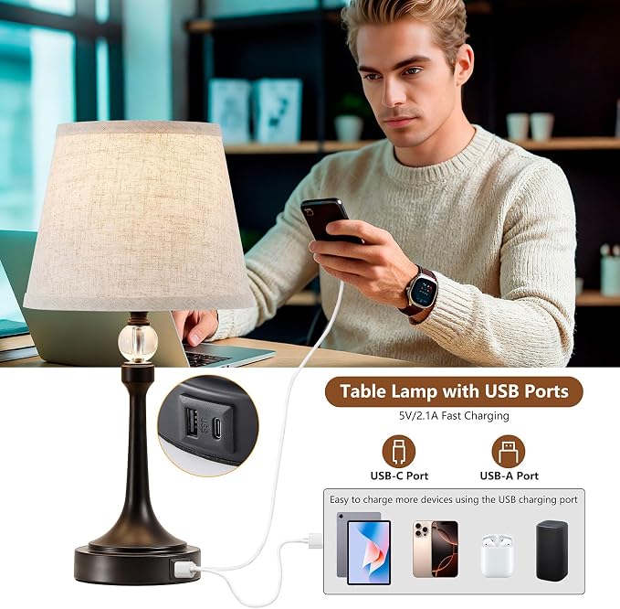 Touch Table Lamp Set of 2 with USB C+A Ports-Black 19.7'' | 3 Way Dimmable Table Lamps for Living Room, Metal Small Lamp for Bedroom, Office, End Table, Home Decor, Bulbs Included
