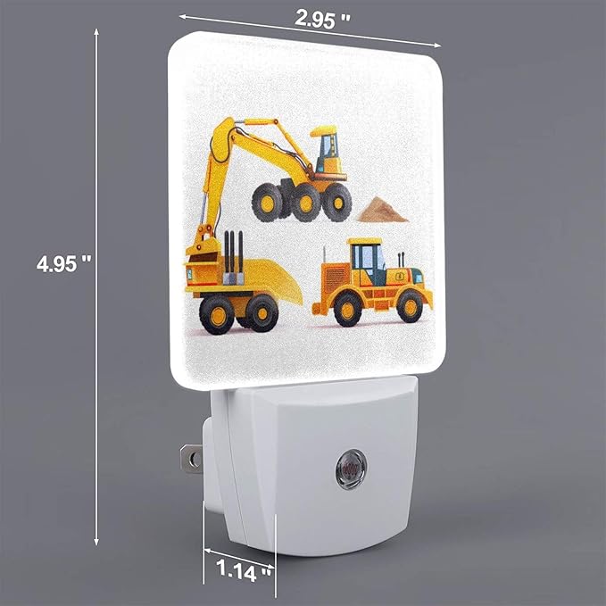 Machinery Excavator Truck and Loader LED Plug-in Night Lamp 2 Piece Set, Auto Sensor Cartoon Boy's Toy Nightlights Set of 2 for Bedroom Bathroom