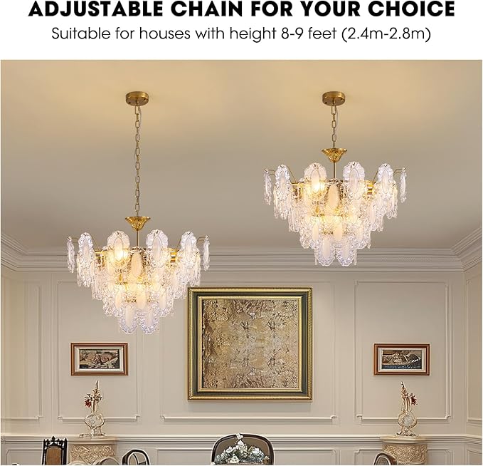 7PM Modern Gold Glass Chandelier, 5-Layer Antique Crystal Chandeliers 12 Light Round Pendant Ceiling Fixture 59" Hanging Adjustable Chain for Foyer, Living Room, Bedroom, Dining Room 27.5 inch