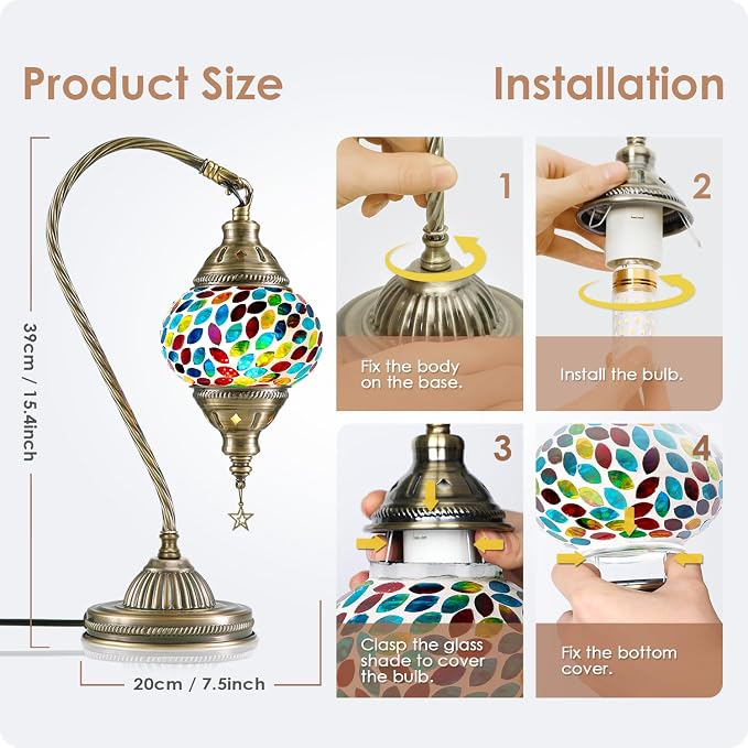 Yarra-Decor Turkish Moroccan Lamp with Bronze Base 3 Color Options Handmade Swan Neck Mosaic Glass Bedside Lamps for Bedroom (LED Bulb Included)(Colorful3)