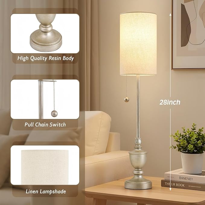 Buffet Table Lamps Set of 2 - 28" Tall Skinny Brushed Nickel Finish Resin Table Lamp for Living Room,Traditional Candlestick Lamp with Pull Chain for Console Table,Dining Room,Entryway,Hallway,Bedside