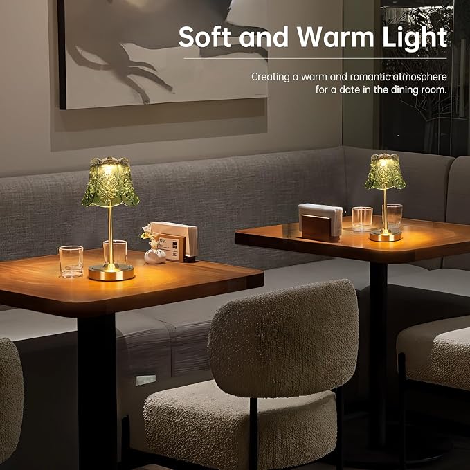 Shenmoyl Set of 2 Cordless Touch Table Lamp with 5200mAh Battery - 3 Adjustable Color Temperatures & Dimmable, Rechargeable Lamp for Bedsides, Living Room, Entryway, Bookshelves (Green Rose)