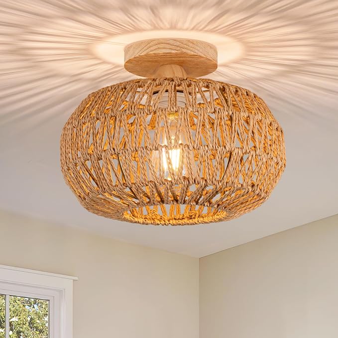 Boho Rattan Ceiling Light - Flush Mount Mini Chandelier Woven Ceiling Light Fixture for Bedroom, Hallway, Entryway, Bathroom, Nursery