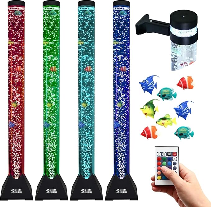 Special Supplies Aquarium Sensory Fish Bubble Light Tube with 16 LED Color Changing Nightlight Effect, Remote Control, and 8 Fishes, Colorful Floor Standing Lamp for Kids and Adults (4 feet) (Style 1)