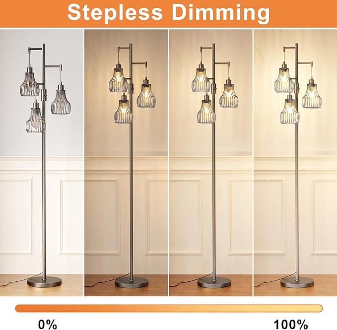 Ziisee Dimmable Floor Lamps for Living Room, Industrial Tree Standing Tall Lamps with 3 Elegant Cage Shade for Bedroom Office - Grey