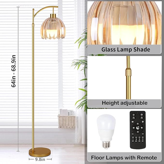 QIYIZM Glass Floor Lamp for Living Room,Bedroom,Gold Dimmable Standing Lamp with Remote,Mid Century Modern Brass Tall Lamp Boho Floor Lamps Arc Stained Flower Floor Light Lamp Girls Bohemian