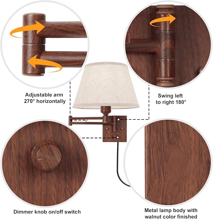 TRLIFE Wall Sconce Plug in, Remote Control Dimming 10-100% and Adjustable Color Temperature 2700K-6500K Swing Arm Wall Lights with Plug in Cord, 11.8" Large Beige Fabric Shade(2 Pack, Walnut Color)