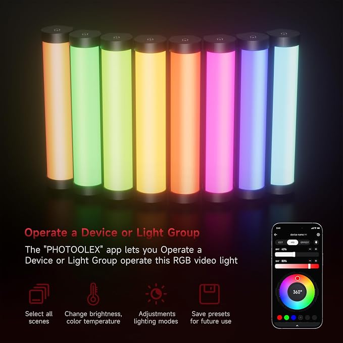PHOTOOLEX 360°RGB Tube Light, LED Video Light Wand, Magnetic Light Stick | 2500K-9900K/360° Full Color/CRI 96+/2600mAh/Rechargeable/Handheld, Photography Light Bar for TikTok YouTube