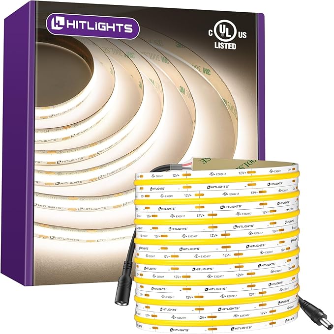 HitLights White COB LED Strip Lights 4000K, 16.4ft 12V Tape, UL Listed | 2640 LEDs, 426 lm/ft, CRI 90+, IP30, High Density, Cuttable, Rope Lighting for Kitchen Cabinets, Power Source Not Included