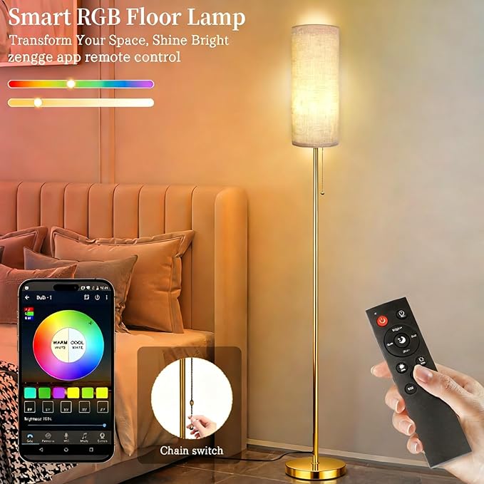 Floor Lamps for Living Room with RGB Color Changing Bulb Dimmable Color Brightness Standing Lamp with Remote Tall Lamps with Chain Switch for Bedroom Office 9W LED Bulb Included, Gold Body RGB Bulb
