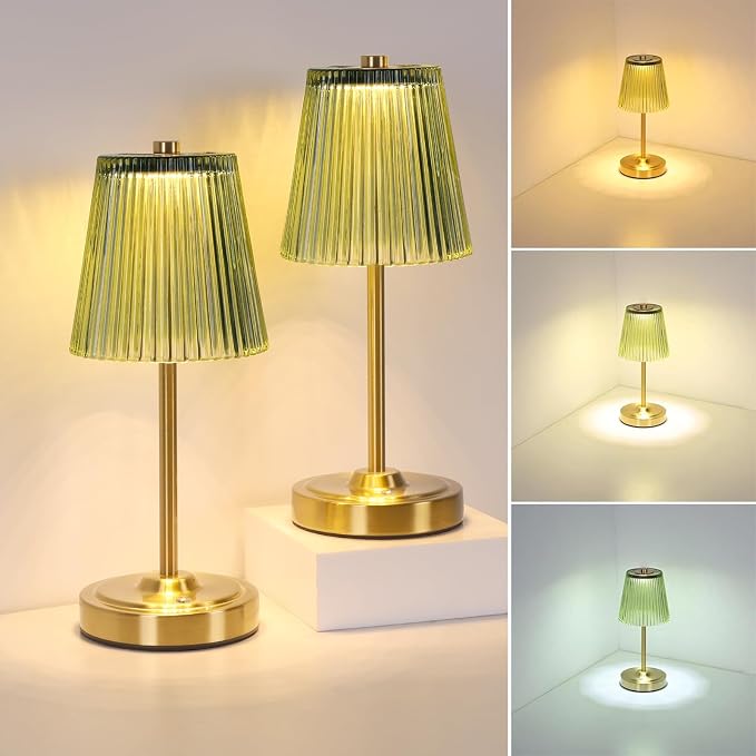 Shenmoyl Set of 2 Cordless Touch Table Lamp with 5200mAh Battery - 3 Adjustable Color Temperatures & Dimmable, Rechargeable Lamp for Bedsides, Living Room, Entryway, Bookshelves (Green Stripe)