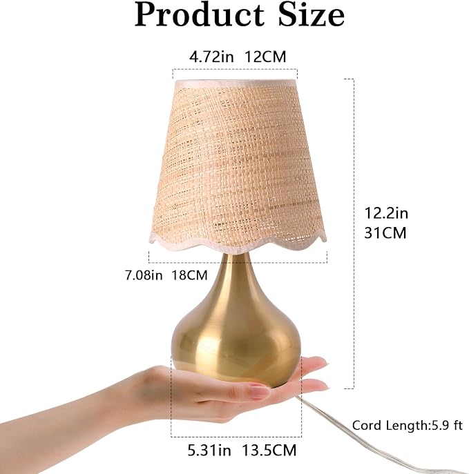 Ziqqeelam Gold Small Bedside Table Lamp Touche Control 3-Way Dimmable Brass Mini Table Lamps for Nightstand, Rattan Shade Small Table Lamps for Small Spaces for Kitchen Counter, Bookshelf, Bedroom