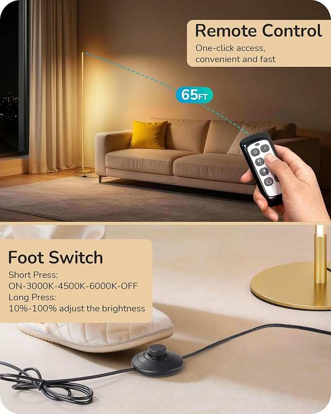 EDISHINE 59.8" Corner Lamp with Remote & 3 Height Settings, Dimmable & 3CCT | Foot Switch, Stable KD Structure, Minimalist Standing Lamp for Living Room, Bedroom, Office, Gold