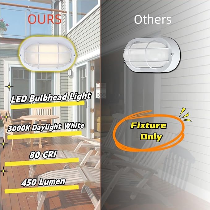 WISBEAM LED Bulkhead Light, Outdoor LED Wall Light for House, Dimmable, 6W Replace 60W, 450 Lumen 3000K Daylight White 80CRI, Waterproof, ETL Rated