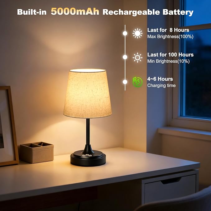 Wowag Small Cordless Table Lamp Rechargeable,5000mAh Battery Operated Desk Lamp,3 Colors & 7 RGB Stepless Dimmable,Touch Ambient Light for Bedside,Bedroom,Dining Room,Living Room,Black,FlaxenShade