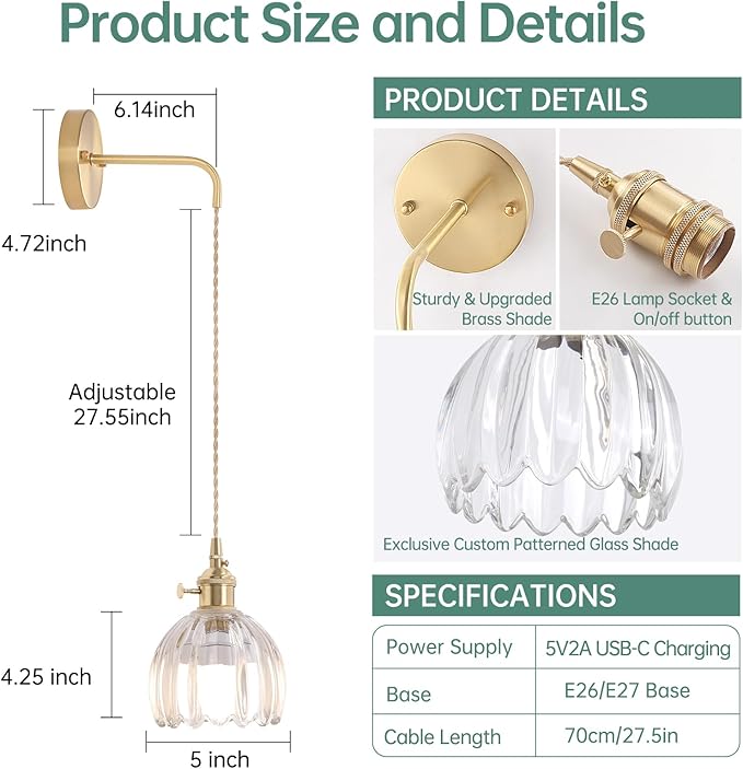 Battery Operated Wall Sconce with Clear Tulip Shade Pattern Glass Adjustable Chain Retro Gold Wall Mounted Light, Modern Wall Lamp Fixtures Decor for Bedside Bedroom Indoor Doorway