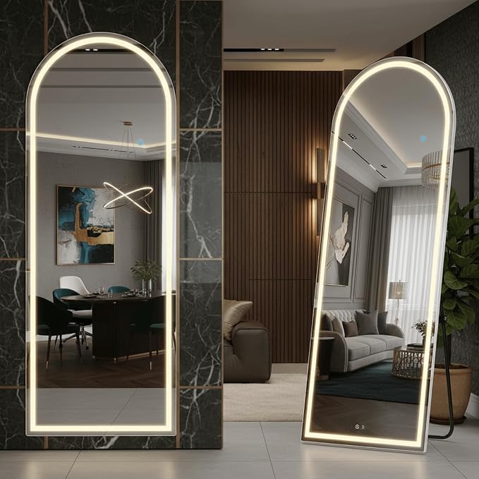 Arched Full Length LED Mirror, 61‘’x16‘’ Floor Mirror with Stand 3 Lights | Hanging Mounted Mirrors with Adjustable Light Modes for Outfit Checks, Room Decor, Bedroom Accessories and Dressing Areas