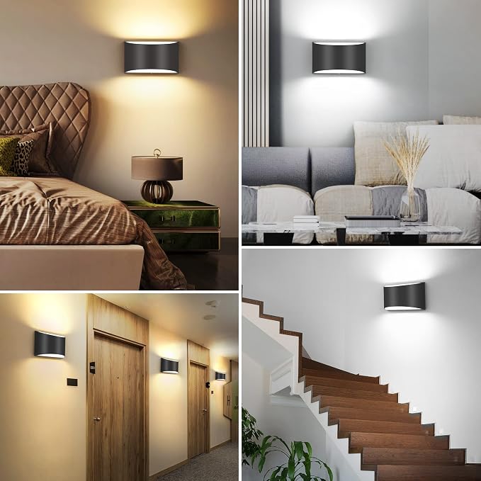 TRLIFE Modern Wall Sconces, 3000K/4000K/6000K Selectable and Dimmable LED Wall Sconce 12W Aluminum Wall Mounted Light Set of 2 Hardwired Wall Sconces for Bedroom Bedside Living Room Hallway(Black,2P)