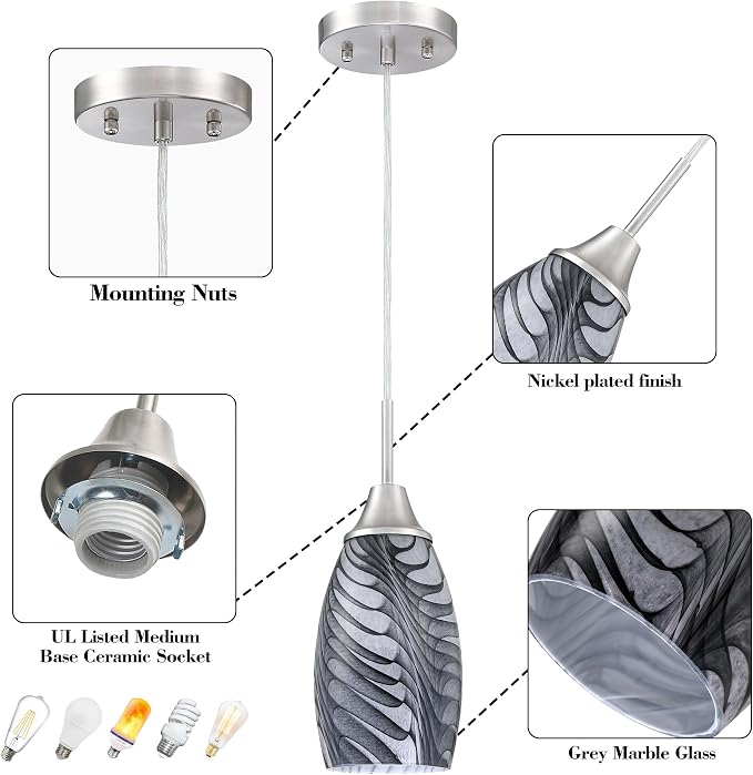 Viinew Mini Glass Pendant Light,1-Pack Gray Marble Glass Hanging Light | 4.72" with Handblown Glass Oval Chadelier,Glass Ceiling Pendant Light for Dining Room Kitchen Island Cafe Foyer