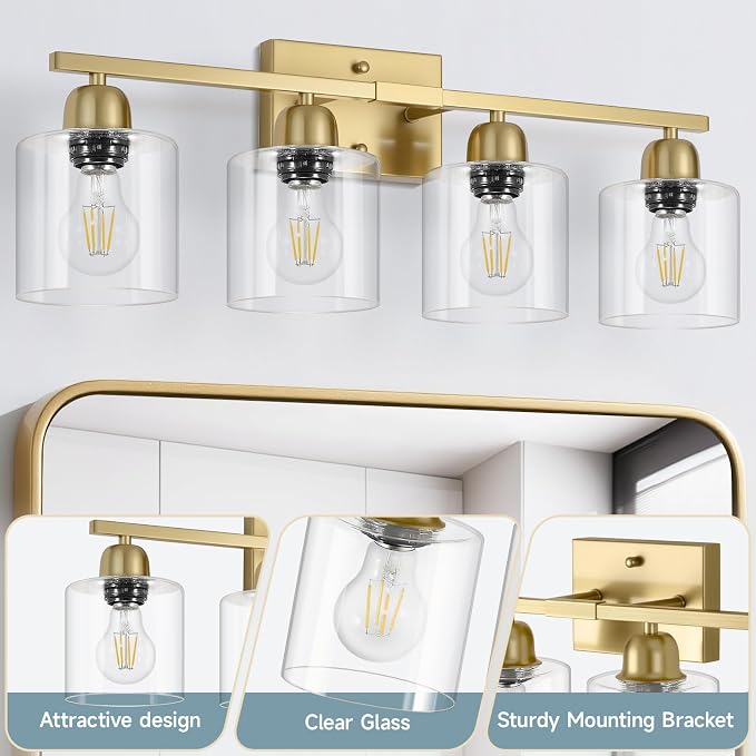 Modern Brushed Gold 4 Light Bathroom Light Fixtures, 24 inch Vanity Lights for Bathroom with Clear Glass, Bathroom Vanity Light for Mirror Kitchen Living Room Hallway Cabinet Porch